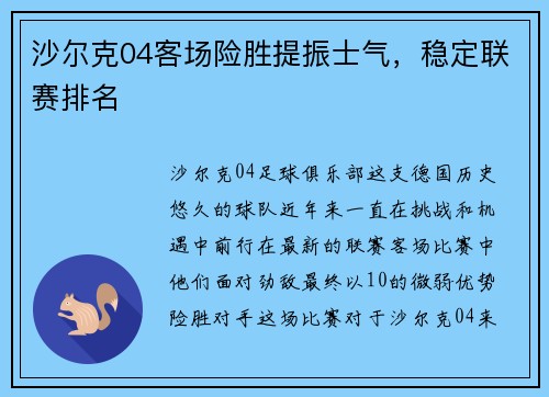 沙尔克04客场险胜提振士气，稳定联赛排名